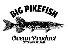 Jahrgang Hemd Design von groß Pike Fisch vektor