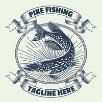 Jahrgang Angeln Pike Fisch Design T-Shirt vektor