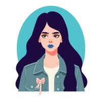 porträtt av en drömmande flicka med blå hår och ljus smink i en denim jacka. platt illustration vektor