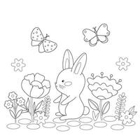 süß Hase unter Blumen und Schmetterlinge. Karikatur Hase im Natur. einfach kindisch Färbung Buch. Kinder Illustration. vektor