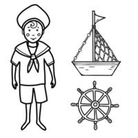 marin uppsättning av liten sjöman pojke, söt fartyg, båt och styrning hjul illustration i klotter stil isolerat. vektor