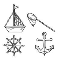 Angeln nautisch Satz. süß Schiff, Boot, Anker, Lenkung Rad, Angeln Netz Illustration im Gekritzel Stil isoliert auf Weiß Hintergrund. vektor