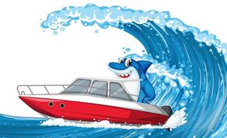Hai auf Schnellboot mit Ozeanwelle vektor