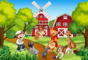 Bauernhofszene mit Kindern, die mit Hunden spielen vektor