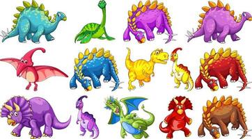 verschiedene Dinosaurier-Zeichentrickfigur und Fantasy-Drachen isoliert vektor