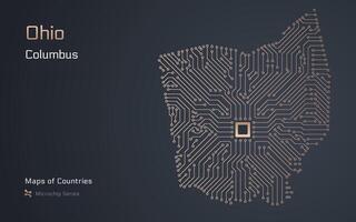 Ohio Karte mit ein Hauptstadt von Kolumbus gezeigt im ein Mikrochip Muster. E-Government. tsmc. amerikanisch Zustände Karten. Mikrochip Serie vektor