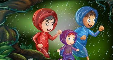 Tre barn springar i regnet vektor