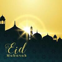 eid mubarak hälsning kort design med moské och stigande Sol vektor