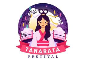 tanabata japan festival illustration med människor bär kimono och pioner blommor i nationell Semester platt söt tecknad serie bakgrund vektor