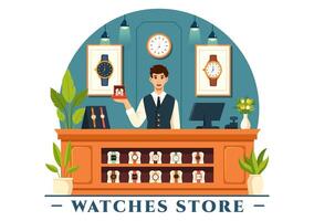 Uhren Geschäft Illustration mit Präsentation von stilvoll Armbanduhr Sammlung verschiedene Modelle, analog und Digital im eben Karikatur Hintergrund vektor