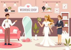 bröllop affär illustration med älskare ser för smycke, skön brud kappor och Tillbehör till skaffa sig gift i platt tecknad serie bakgrund vektor