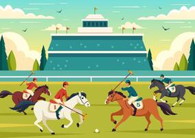 Polo Pferd Sport Illustration mit Spieler Reiten Pferd und halten Stock verwenden Ausrüstung einstellen zu Wettbewerb im eben Karikatur Hintergrund vektor