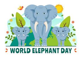 Lycklig värld elefant dag illustration på 12 augusti med elefanter djur för frälsning ansträngningar och bevarande i platt tecknad serie bakgrund vektor
