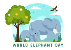 Lycklig värld elefant dag illustration på 12 augusti med elefanter djur för frälsning ansträngningar och bevarande i platt tecknad serie bakgrund vektor