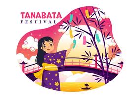 Tanabata Japan Festival Illustration mit Menschen tragen Kimono und Pfingstrosen Blumen im National Urlaub eben süß Karikatur Hintergrund vektor