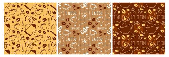 Kaffee Zeit nahtlos Muster Design mit Kakao Bohnen, Körner und Krug im Karikatur eben Illustration vektor