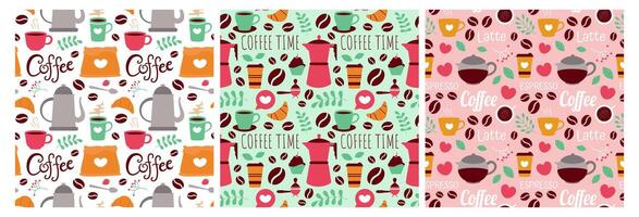 Kaffee Zeit nahtlos Muster Design mit Kakao Bohnen, Körner und Krug im Karikatur eben Illustration vektor