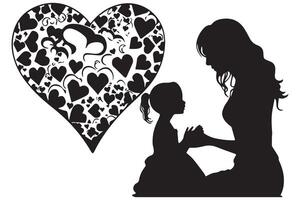 Mama und Kind Liebe im das Stil von Silhouette Weiß Hintergrundmutter und Tochter Silhouette im das Herz Form, Silhouette von ein Mädchen mit Herz vektor