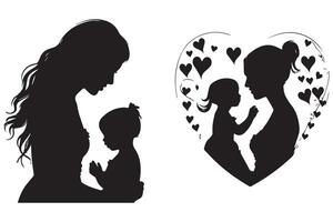 schwarz Silhouette Mama und Baby Tochter Liebe gestalten Weiß Hintergrund Profi Design vektor