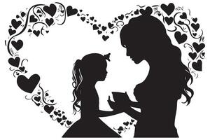 Mutter mit ihr Baby, Herz, Gliederung Silhouette, Mutter Pflege Symbol auf Weiß Hintergrund vektor
