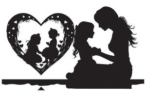 Mama und Kind Liebe im das Stil von Silhouette Weiß Hintergrundmutter und Tochter Silhouette im das Herz Form, Silhouette von ein Mädchen mit Herz vektor