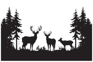 schwarz Silhouette Wald und Summe Hirsch und Vogel Weiß Hintergrund Profi Design vektor