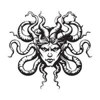 gammal grekisk gorgon medusa, kvinna huvud logotyp. illustration av kvinna ansikte vektor