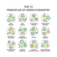 Grün Chemie Prinzipien multi Farbe Konzept Symbole. chemisch Synthese, schädlich Substanzen. Symbol Pack. runden gestalten Abbildungen zum Infografik, Präsentation. abstrakt Idee vektor