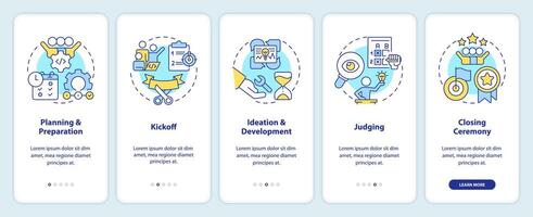 hackathon bearbeta strukturera onboarding mobil app skärm. genomgång 5 steg redigerbar grafisk instruktioner med linjär begrepp. ui, ux, gui mall vektor