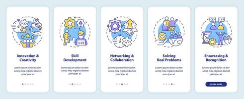 hackathon fördelar onboarding mobil app skärm. fördelar genomgång 5 steg redigerbar grafisk instruktioner med linjär begrepp. ui, ux, gui mall vektor
