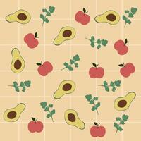avokado, persilja och äpple mönster på gul bakgrund. frukost mönster för tapet, yta design och tyg mönster vektor