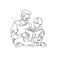 kontinuerlig enda ritade, ett linje pappa och son läsning bok, förälder kärlek unge, linje konst illustration för fäder dag dekoration vektor
