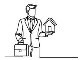 kontinuierlich einer schwarz Linie Zeichnung Geschäftsmann Hand halten Haus Symbol Zeichen Speichern Geld Konzept Gliederung Gekritzel Illustration vektor