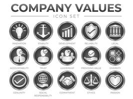 företag 3d ikon uppsättning av företag kärna värden. innovation, stabilitet, utveckling, pålitlighet, Rättslig, ansvarighet, förtroende, ledarskap, tillhandahålla värde, ikoner. vektor
