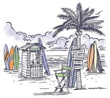 Hand gezeichnet Illustration von Strand Landschaft. Kunst im ein entspannt Stil. vektor