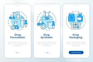 medicinsk läkemedel produktion blå onboarding mobil app skärm. genomgång 3 steg redigerbar grafisk instruktioner med linjär begrepp. ui, ux, gui mall vektor