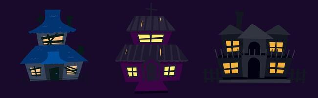 kuslig besatt hus uppsättning för halloween. en skrämmande slott med fönster och en tak. gammal mörk förstörd byggnad för spöken. platt illustration vektor