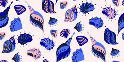 nahtlos Muster mit tropisch Sommer- Ozean Hülse. Hand gezeichnet skizzieren. abstrakt, künstlerisch, Blau Meer Muscheln auf ein Weiß Hintergrund. Vorlage zum Entwürfe, Textil, Notizbuch Abdeckung, Verpackung Papier vektor