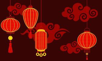 Chinesisch rot Papier Laternen hängen im ein Reihe gegen das von Wolken beim Nacht, erinnern von das kulturell Vermögen, festlich Atmosphäre. Festival zum gut Glück. festlich Themen, kulturell Präsentationen. Mond vektor