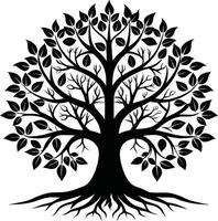 ein schwarz und Weiß Baum Silhouette mit Wurzeln und Blätter vektor