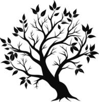 en svart och vit silhuett av en träd gren med löv vektor
