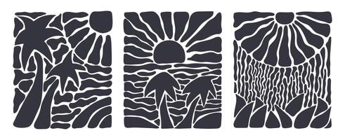einstellen von abstrakt groovig Kurve Meereslandschaft. gezeichnet schwarz Sonne und Meer Palme Baum im modern Jahrgang Stil. organisch Gekritzel Formen im modisch naiv Hippie 60er Jahre 70er Jahre Stil. vektor