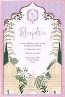 traditionell indisk mughal bröllop reception inbjudan kort design med tropisk träd, pichwai konst, mughal dekorerad kupol, nt monogram med vapen vektor