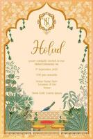 Haldi Nacht Hochzeit Einladung Karte. traditionell indisch Mogul Hochzeit holud Nacht Einladung Karte Design mit tropisch Baum, pichwai Kunst Gelb Hintergrund, nicht Monogramm mit Kamm vektor