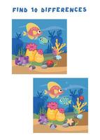 mini spel för barn. förskolebarn. hitta 5 skillnader. bild med fisk och anemoner.logisk uppgifter för förskolebarn. spel 3-4 år. vektor