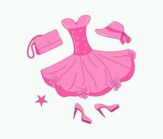 Rosa modisch festlich Sammlung. Ball Kleid, Schuhe, Tasche, Hut. ein einstellen von Puppe Zubehör und Kleider zum ein Prinzessin. Illustration, isoliert Hintergrund. vektor