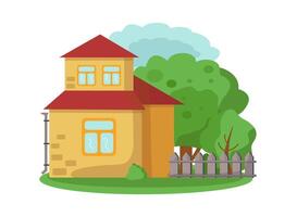 Haus mit Bäume und Zaun. Land Hütte. Karikatur Haus außen, Haus mit Garten, Gebäude. Illustration von das Vorderseite Seite von ein Haus. echt Nachlass oder Privat ländlich Haus. vektor