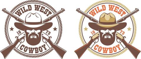 wild Westen retro Logo - - Cowboy im Hut mit gekreuzt Waffen Winchester vektor