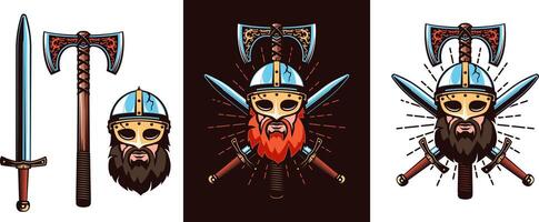 Krieger Emblem mit bärtig Wikinger im Helm, zweischneidig Axt und gekreuzt Schwerter. Illustration. vektor