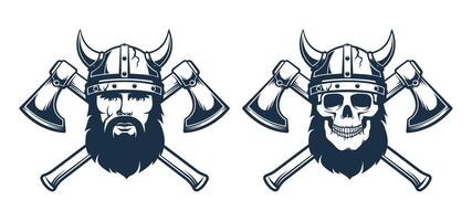 Wikinger Emblem tätowieren - - bärtig Krieger im ein gehörnt Helm und gekreuzt Achsen. Möglichkeit mit ein Schädel. Illustration. vektor